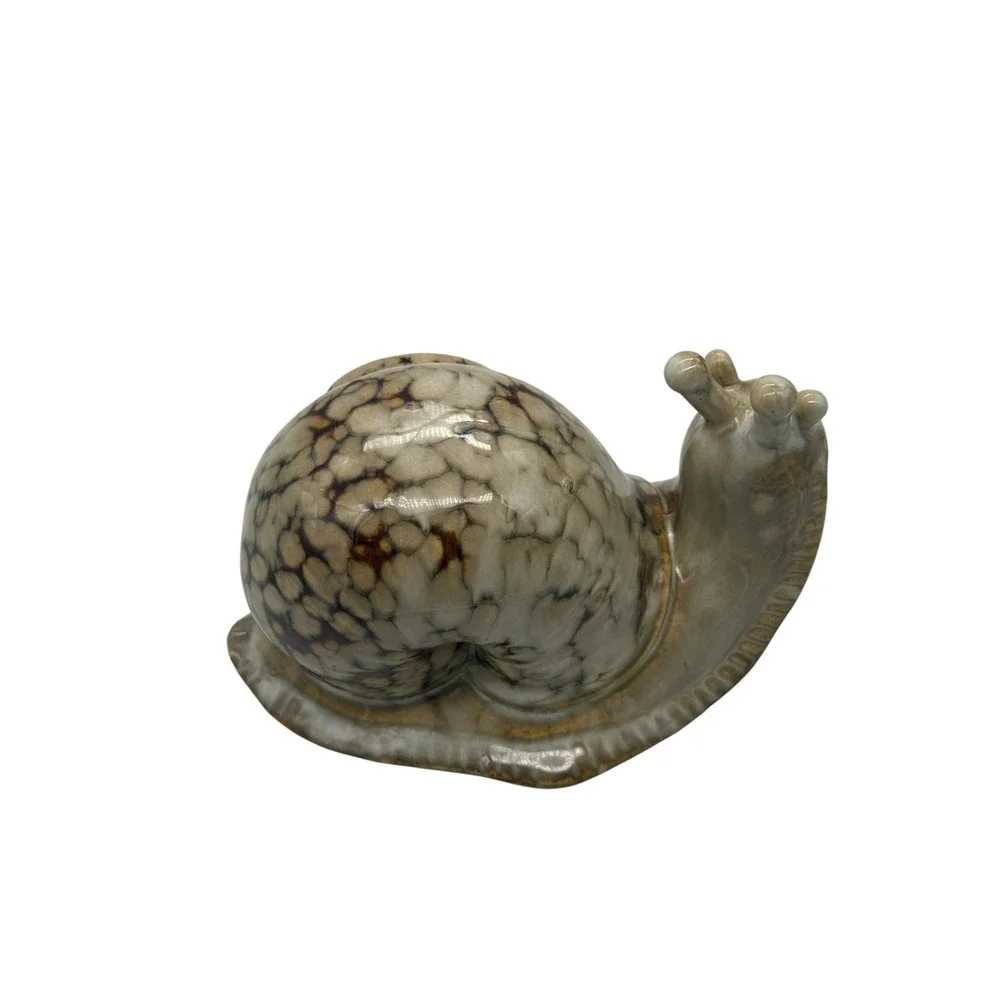 Vintage Ceramic Snail Figurine Glossy Brown Drip Glaze Pottery Garden Decor 5.5